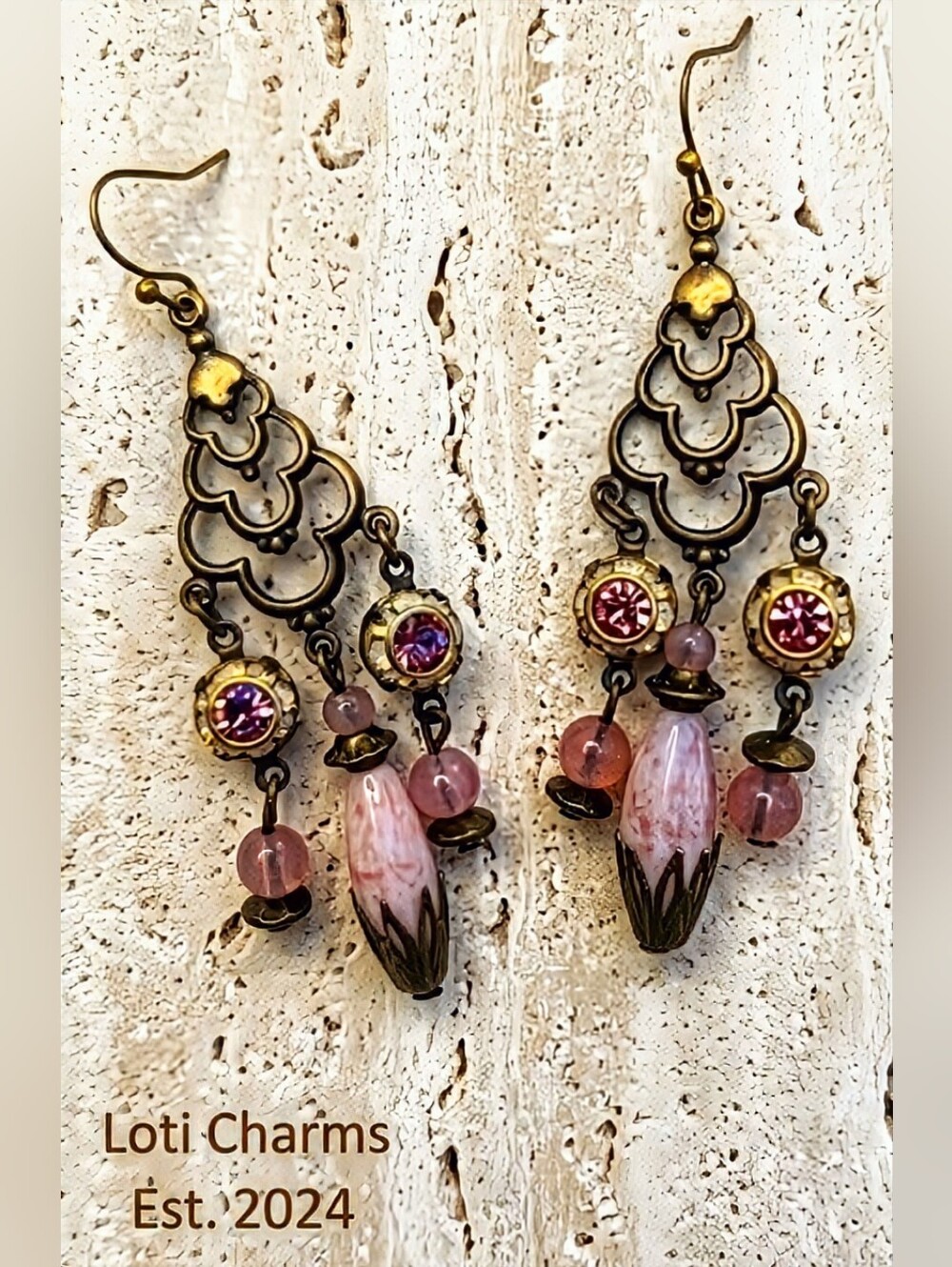 Victorian Chandelier Earrings W/ Pink Opaline & Flower Crystals In Brass